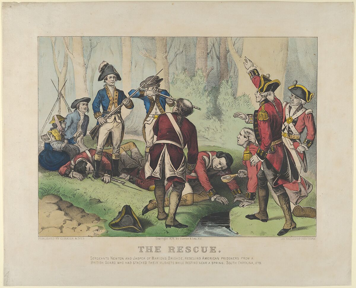 The Rescue–Sergeants Newton and Jasper of Marion's Brigade, rescuing American prisoners from a British guard, who had stacked their muskets while resting near a spring, South Carolina, 1779., Currier &amp; Ives (American, active New York, 1857–1907), Hand-colored lithograph 