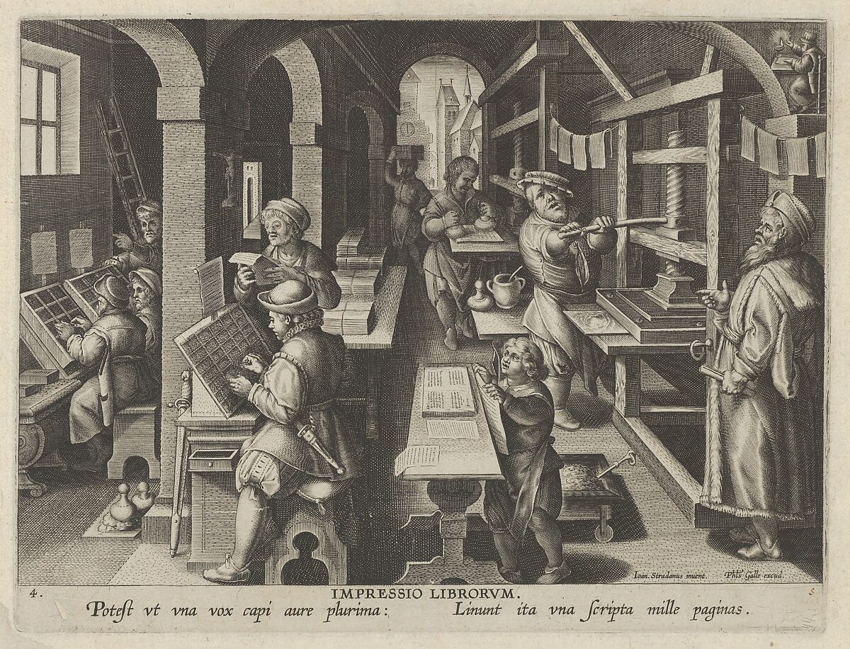 New Inventions of Modern Times [Nova Reperta], The Invention of Book Printing, plate 4, Jan Collaert I (Netherlandish, Antwerp ca. 1530–1581 Antwerp), Engraving 