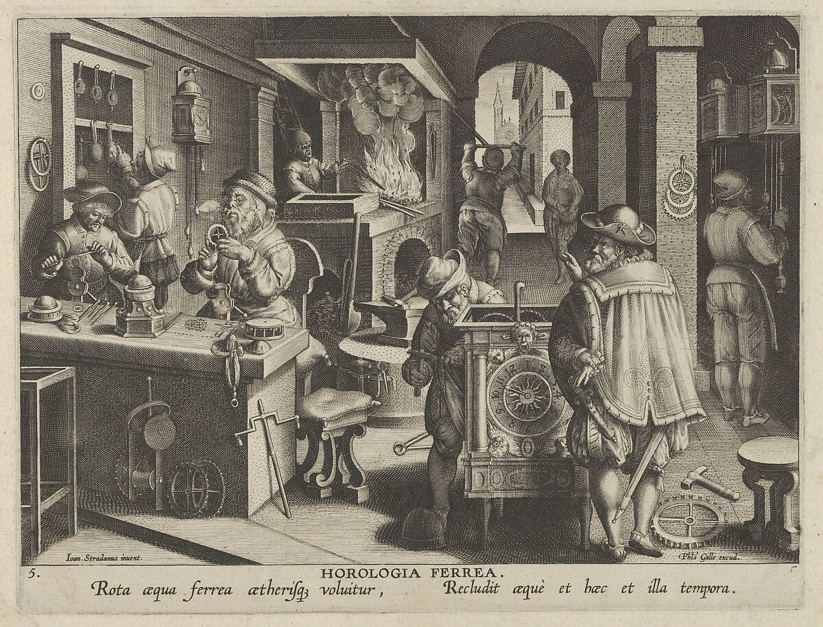New Inventions of Modern Times [Nova Reperta], The Invention of the Clockwork, plate 5, Jan Collaert I (Netherlandish, Antwerp ca. 1530–1581 Antwerp), Engraving 