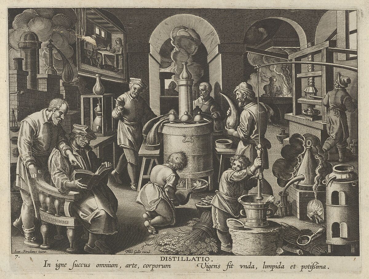 New Inventions of Modern Times [Nova Reperta], The Invention of Distillation, plate 7, Jan Collaert I (Netherlandish, Antwerp ca. 1530–1581 Antwerp), Engraving 