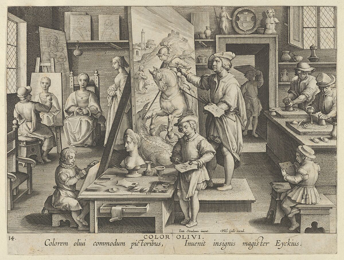 New Inventions of Modern Times [Nova Reperta], The Invention of Oil Painting, plate 14, Jan Collaert I (Netherlandish, Antwerp ca. 1530–1581 Antwerp), Engraving 