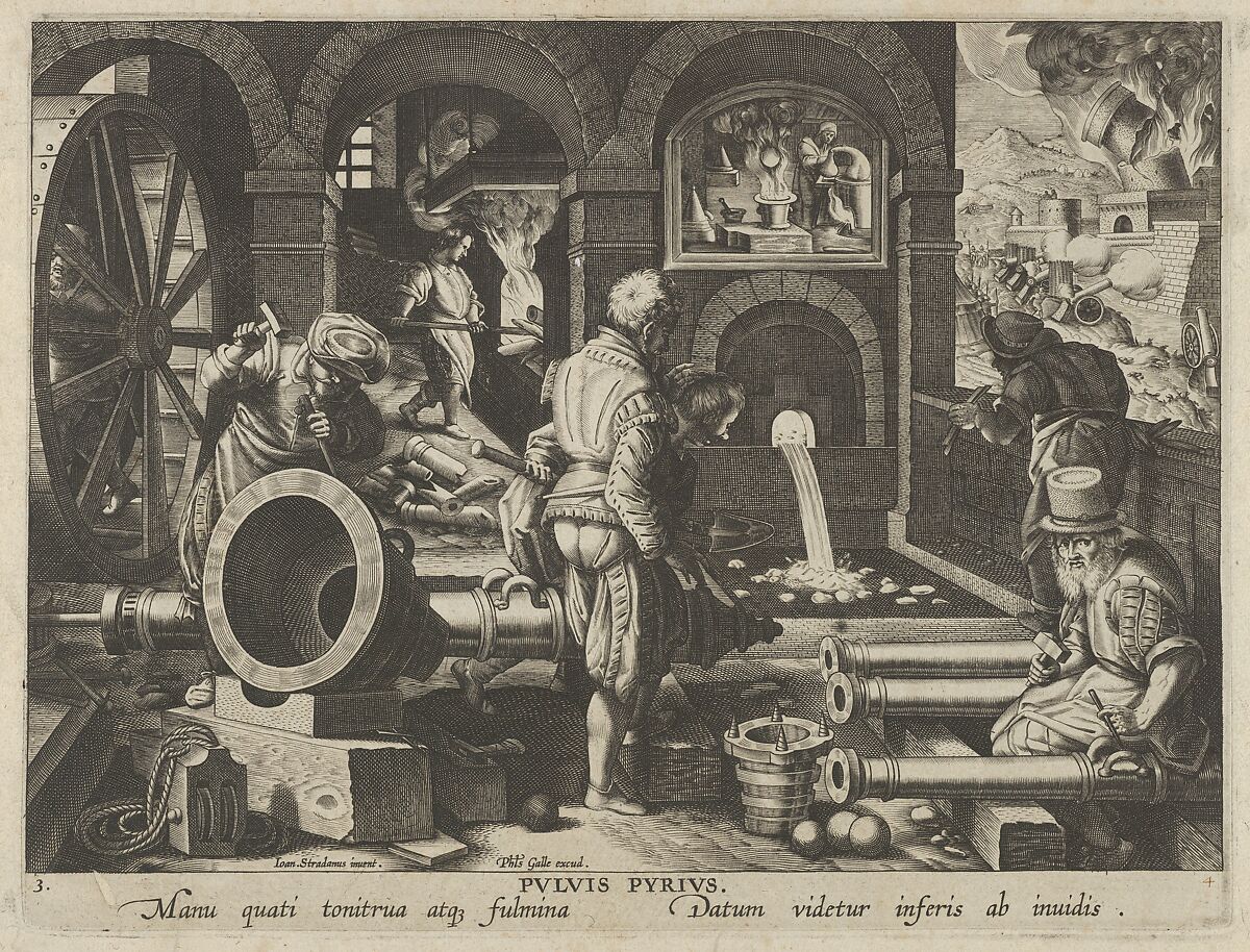 New Inventions of Modern Times [Nova Reperta], The Invention of Gunpowder, plate 3, Jan Collaert I (Netherlandish, Antwerp ca. 1530–1581 Antwerp), Engraving 