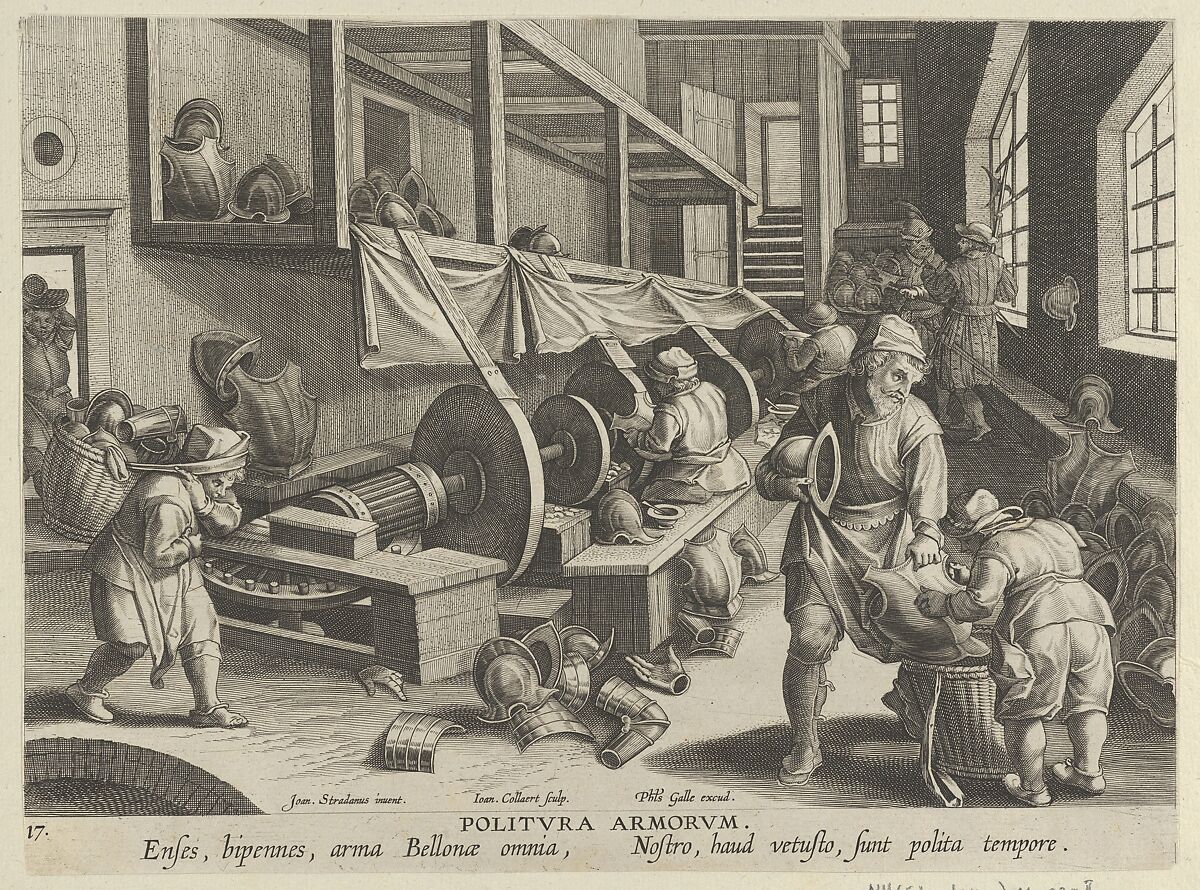 New Inventions of Modern Times [Nova Reperta], The Invention of the Polishing of Armor, plate 17, Jan Collaert I (Netherlandish, Antwerp ca. 1530–1581 Antwerp), Engraving 