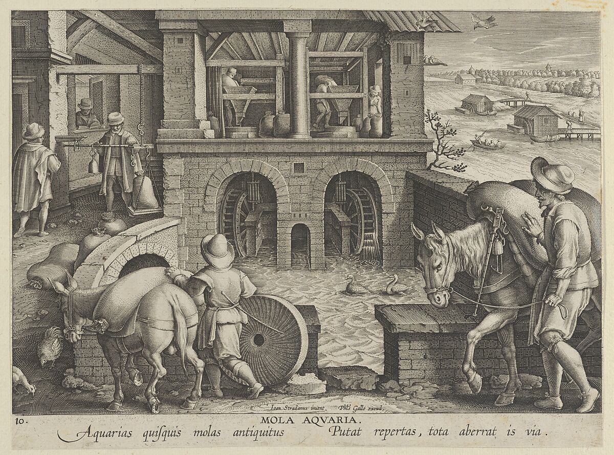 New Inventions of Modern Times [Nova Reperta], The Invention of the Watermill, plate 10, Jan Collaert I (Netherlandish, Antwerp ca. 1530–1581 Antwerp), Engraving 