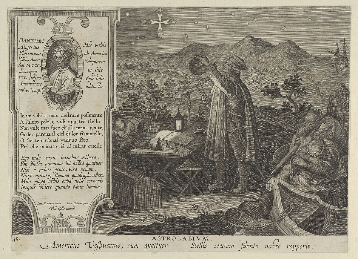 New Inventions of Modern Times [Nova Reperta], Amerigo Vespucci Discovering the Southern Cross with an Astrolabium, plate 18, Jan Collaert I (Netherlandish, Antwerp ca. 1530–1581 Antwerp), Engraving 