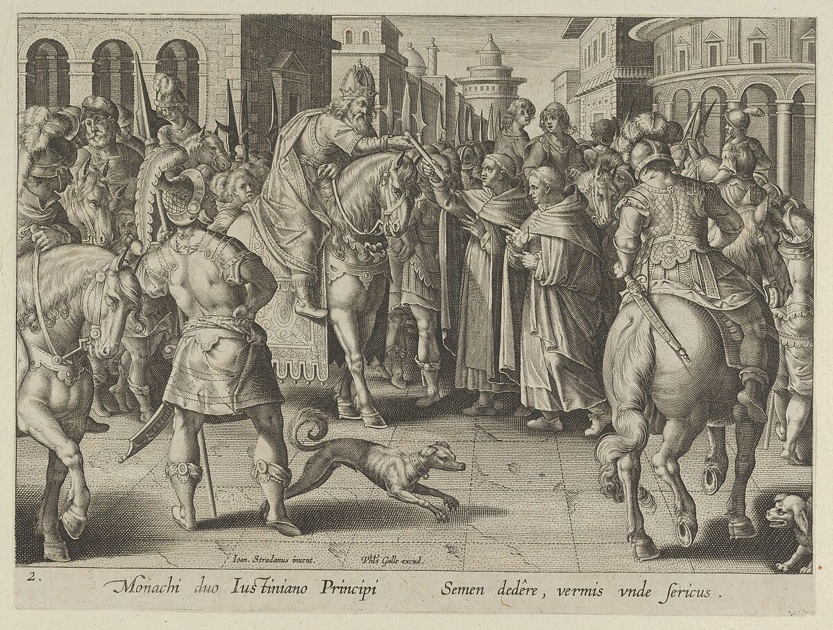 Emperor Justinian Receiving the First Imported Silkworm Eggs from Nestorian Monks, Plate 2 from "The Introduction of the Silkworm" [Vermis Sericus], Karel van Mallery (Netherlandish, Antwerp, 1571– after 1635 Antwerp), Engraving 
