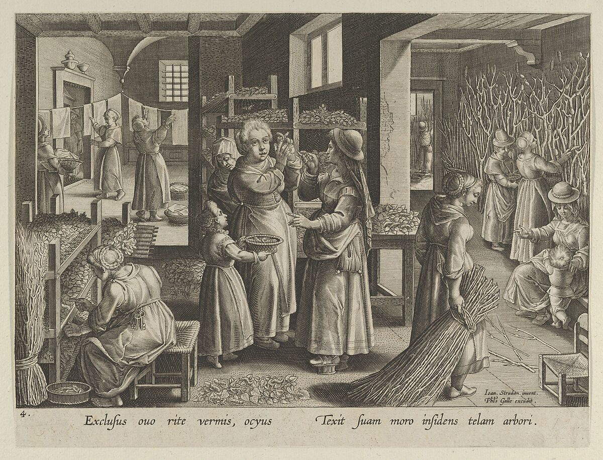 The Silkworm Eggs Spread Out On Shelves, Plate 4 from "The Introduction of the Silkworm" [Vermis Sericus], Karel van Mallery (Netherlandish, Antwerp, 1571– after 1635 Antwerp), Engraving 
