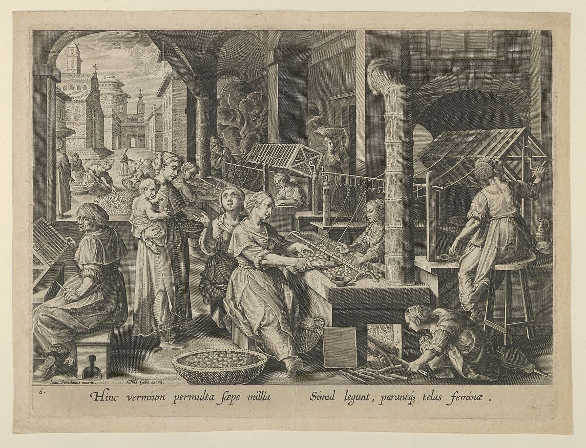 The Reeling of Silk, Plate 6 from "The Introduction of the Silkworm" [Vermis Sericus], Karel van Mallery (Netherlandish, Antwerp, 1571– after 1635 Antwerp), Engraving 