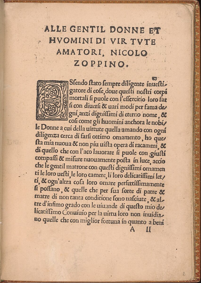 Convivio delle Belle Donne, page 2 (recto), Nicolò Zoppino (Italian, Ferrara 1478/80–1544 Venice)  , Venice, Woodcut 
