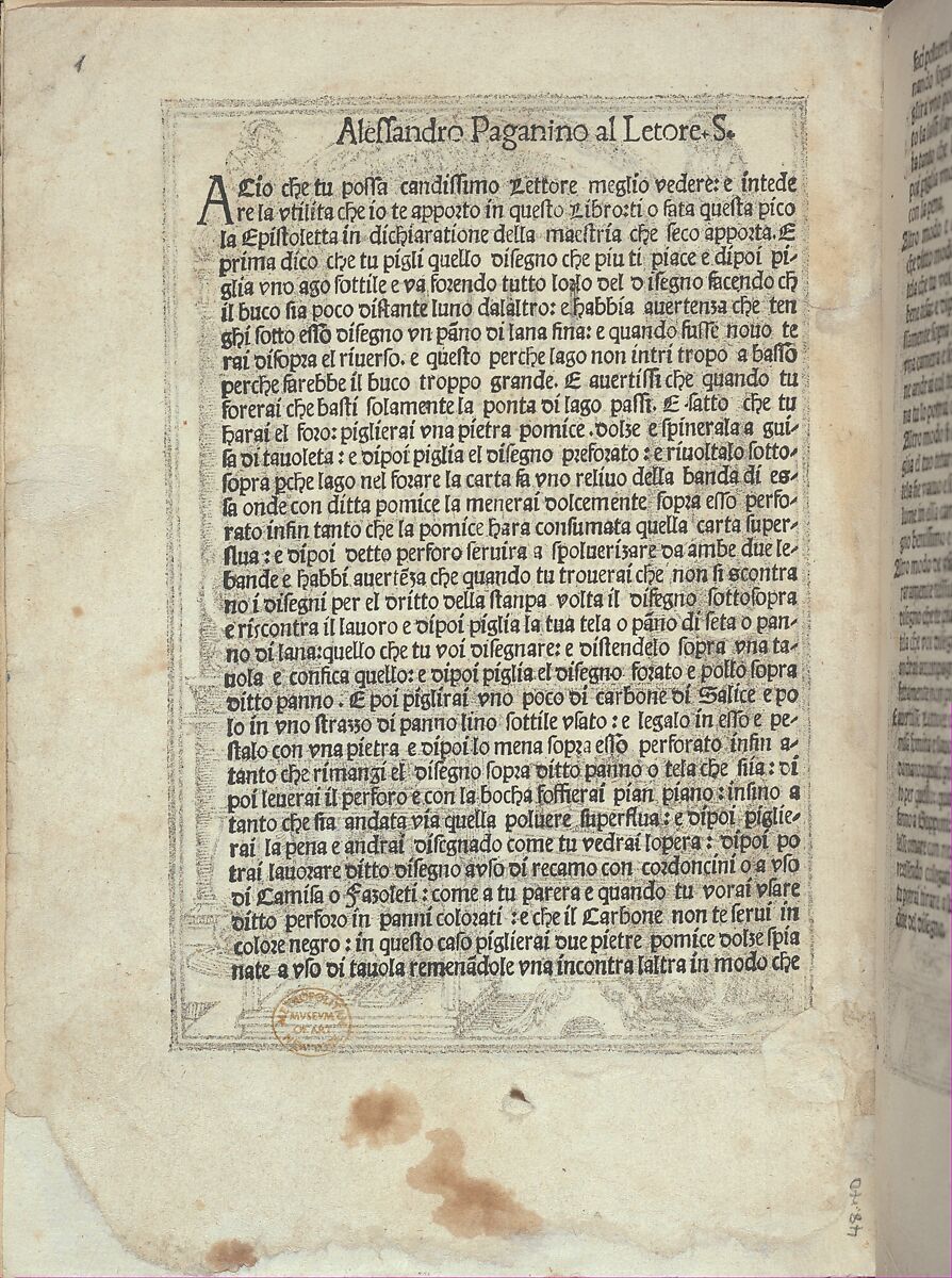 Libro quarto. De rechami per elquale se impara in diuersi modi lordine e il modo de recamare...Opera noua, title page (verso), Alessandro Paganino (Italian, active Salò, Toscolano and Venice, 1511–38), Woodcut 