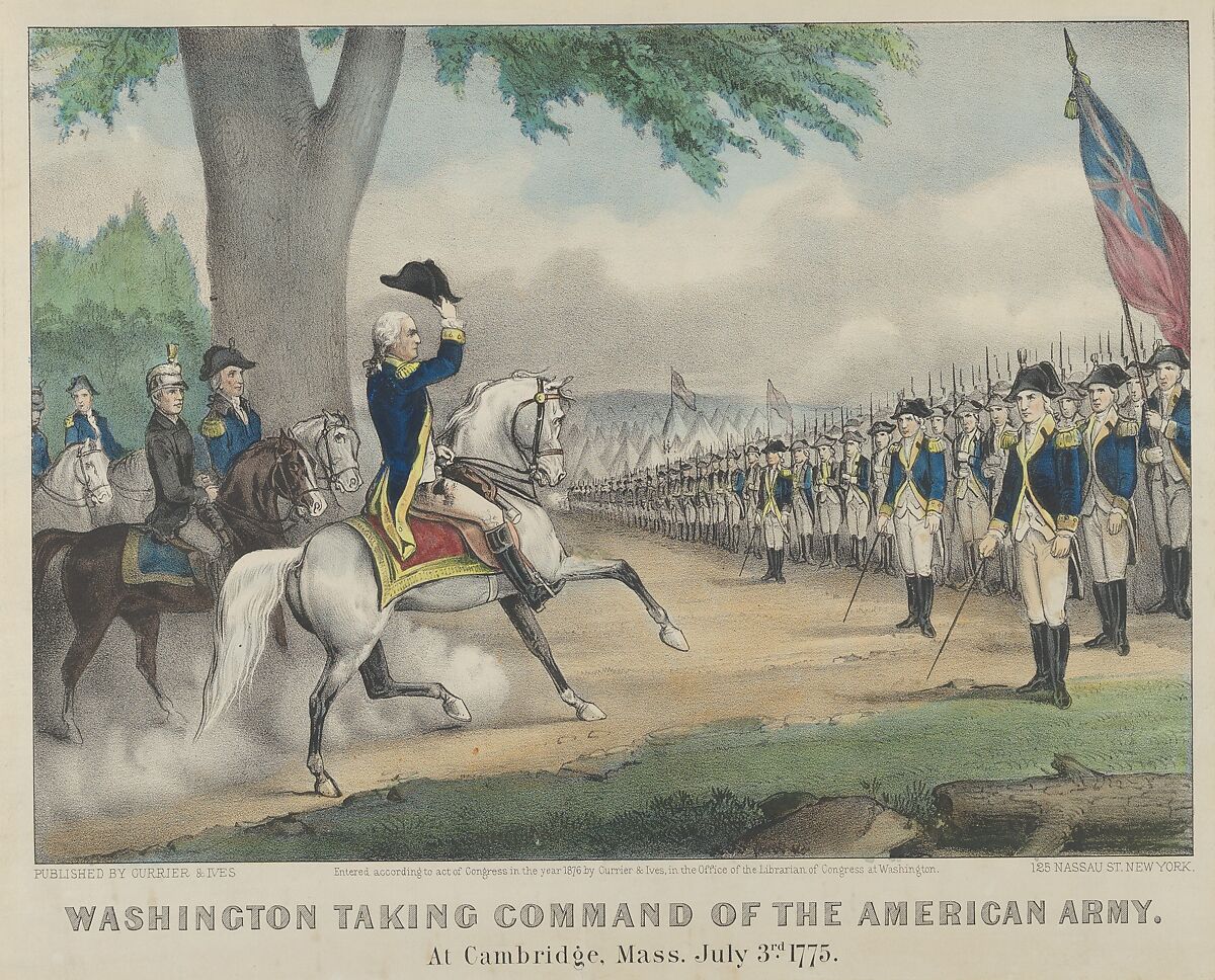 Washington Taking Command of the American Army – At Cambridge, Massachusetts, July 3rd, 1775, Currier &amp; Ives (American, active New York, 1857–1907), Hand-colored lithograph 