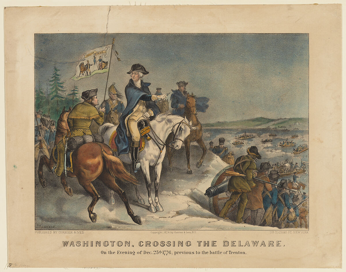 Washington, Crossing the Delaware–On the Evening of Dec. 25th 1776, previous to the Battle of Trenton., Currier &amp; Ives (American, active New York, 1857–1907), Hand-colored lithograph 