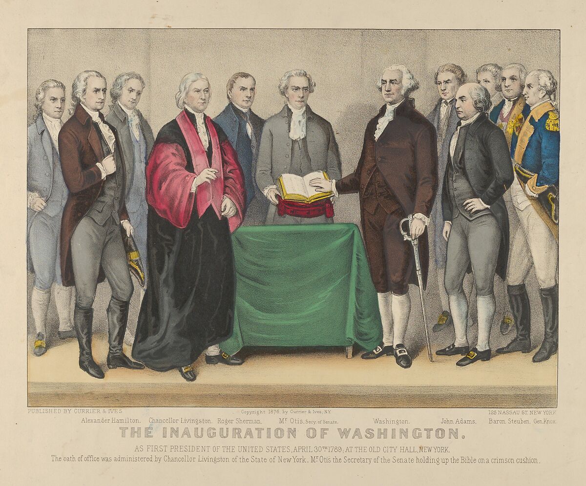 The Inauguration of Washington as First President of the United States, April 30th 1789 – At the Old City Hall, New York – The oath of office was administered by Chancellor Livingston of the States of New York – Mr. Otis the Secretary of the Senate holding up the Bible on a crimson cushion., Currier &amp; Ives (American, active New York, 1857–1907), Hand-colored lithograph 
