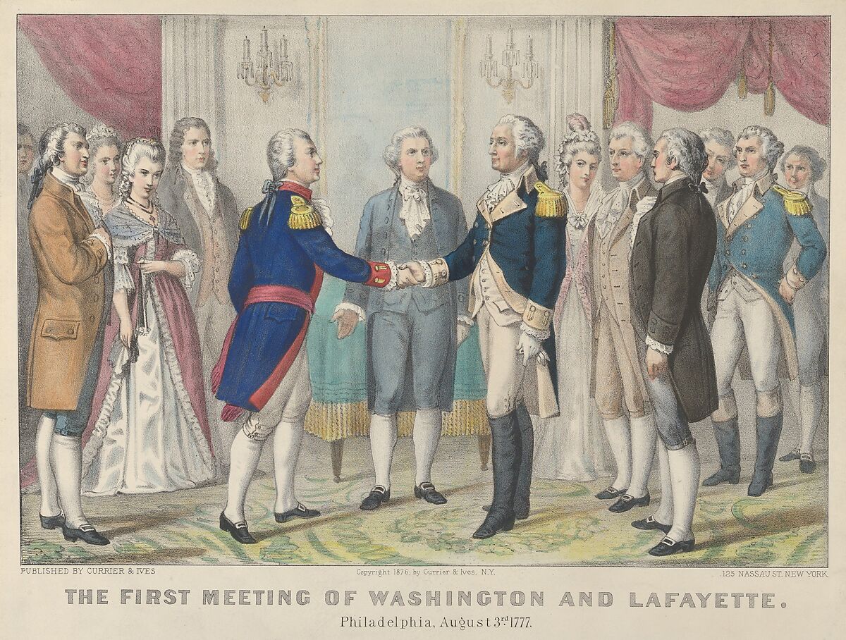 The First Meeting of Washington and Lafayette—Philadelphia, August 3rd, 1777, Currier &amp; Ives (American, active New York, 1857–1907), Hand-colored lithograph 