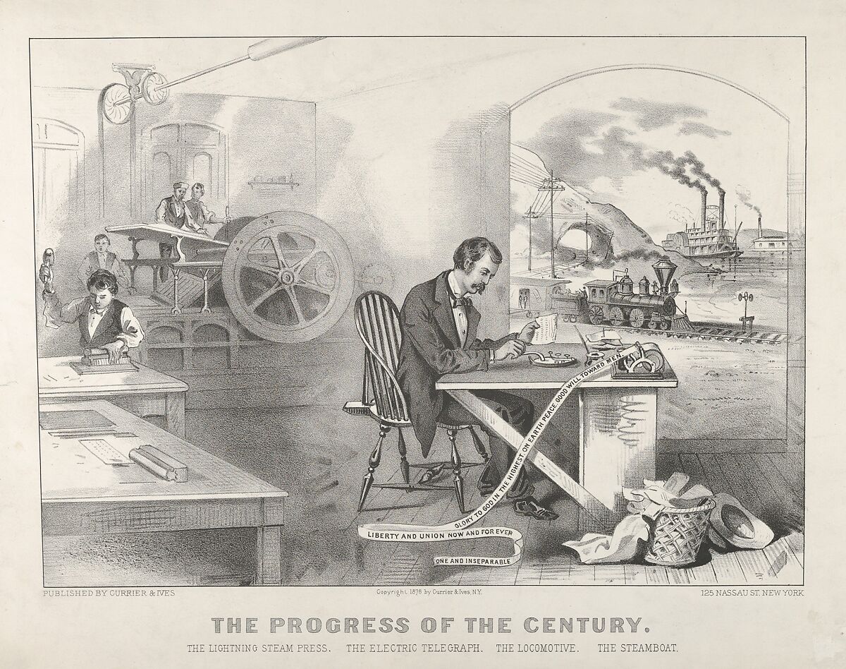 The Progress of the Century – The Lightning Steam Press. The Electric Telegraph. The Locomotive. The Steamboat., Currier &amp; Ives (American, active New York, 1857–1907), Lithograph 