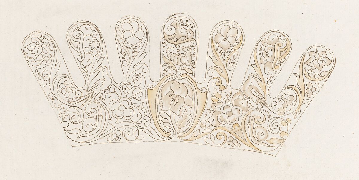Album of designs for embroidery: bodices, gauntlets, caps, bags, page 2 (verso), Anonymous, Dutch, 17th century, pen and ink; some with wash 