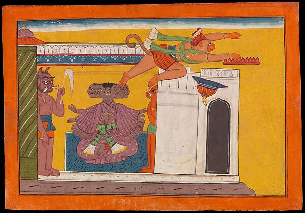 The Monkey Prince Angada Steals Ravana’s Crown: Folio from the dispersed Shangri Ramayana series (Style III), Opaque watercolor on paper, India, Punjab Hills, kingdom of Jammu (Bahu) 