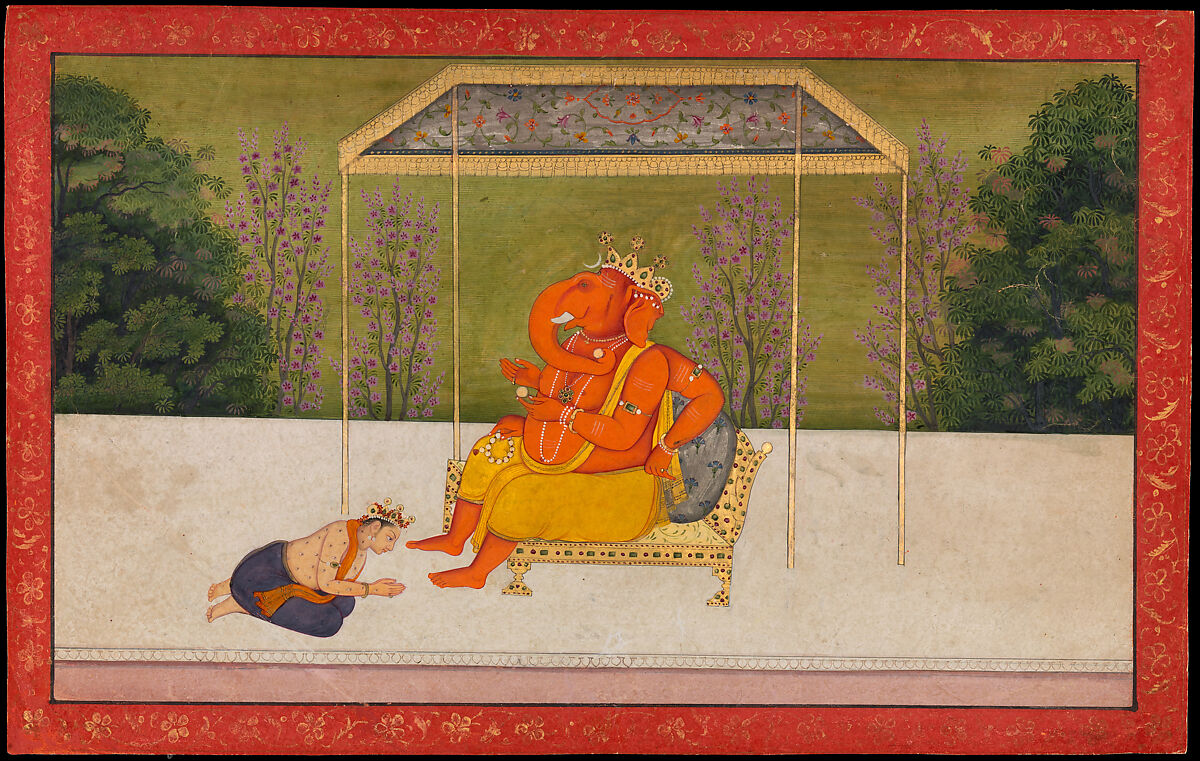 "Indra Worships the Elephant-Headed God Ganesha, Seated on a Throne." Folio from the Tehri Garhwal Series of the Gita Govinda, Ink and opaque watercolor on paper, Indian 