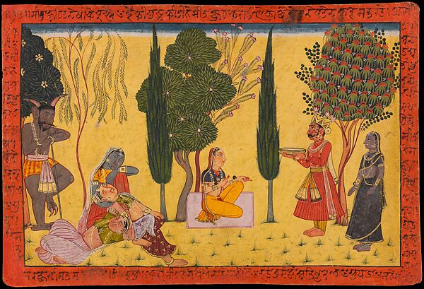 "Indra Offers Sita a Plate of Payas, a Heavenly Sweet,"  Illustrated folio from the “Shangri" Ramayana (The Adventures of Rama) (Style IV), Opaque watercolor and gold on paper 