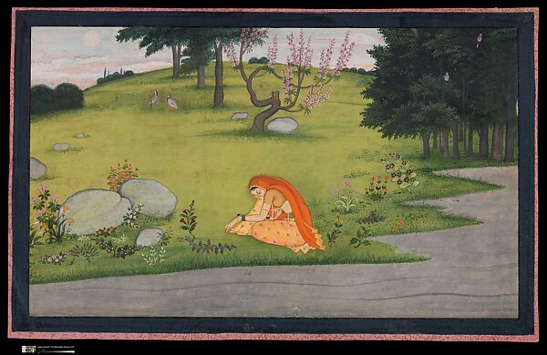 The Sorrow of Radha, folio from the Tehri Garhwal series of the Gita Govinda 
, Opaque watercolor and gold on paper, India, Punjab Hills, kingdom of Kangra or Guler