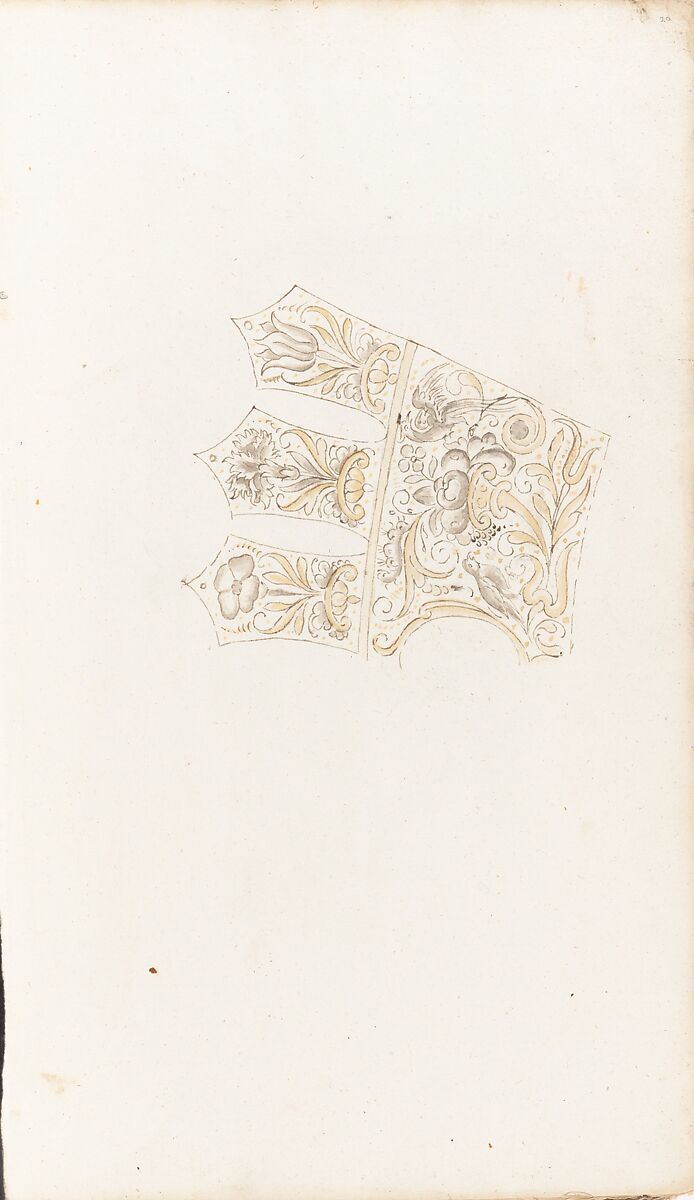 Album of designs for embroidery: bodices, gauntlets, caps, bags, page 32 (recto), Anonymous, Dutch, 17th century, pen and ink; some with wash