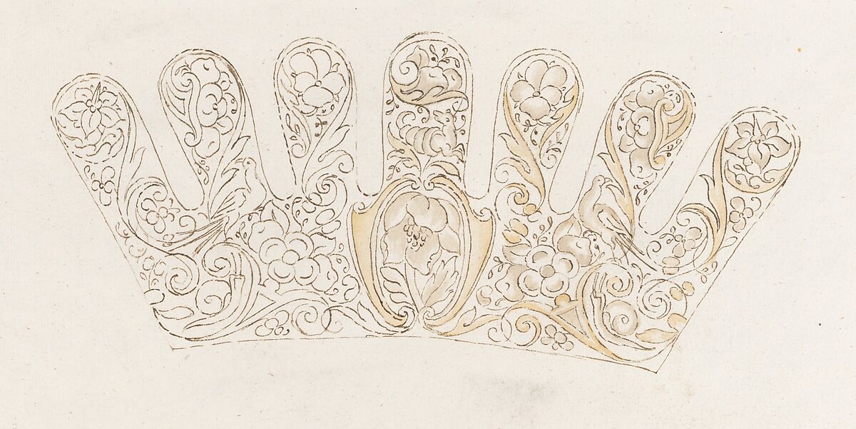 Album of designs for embroidery: bodices, gauntlets, caps, bags, page 36 (recto), Anonymous, Dutch, 17th century, pen and ink; some with wash 