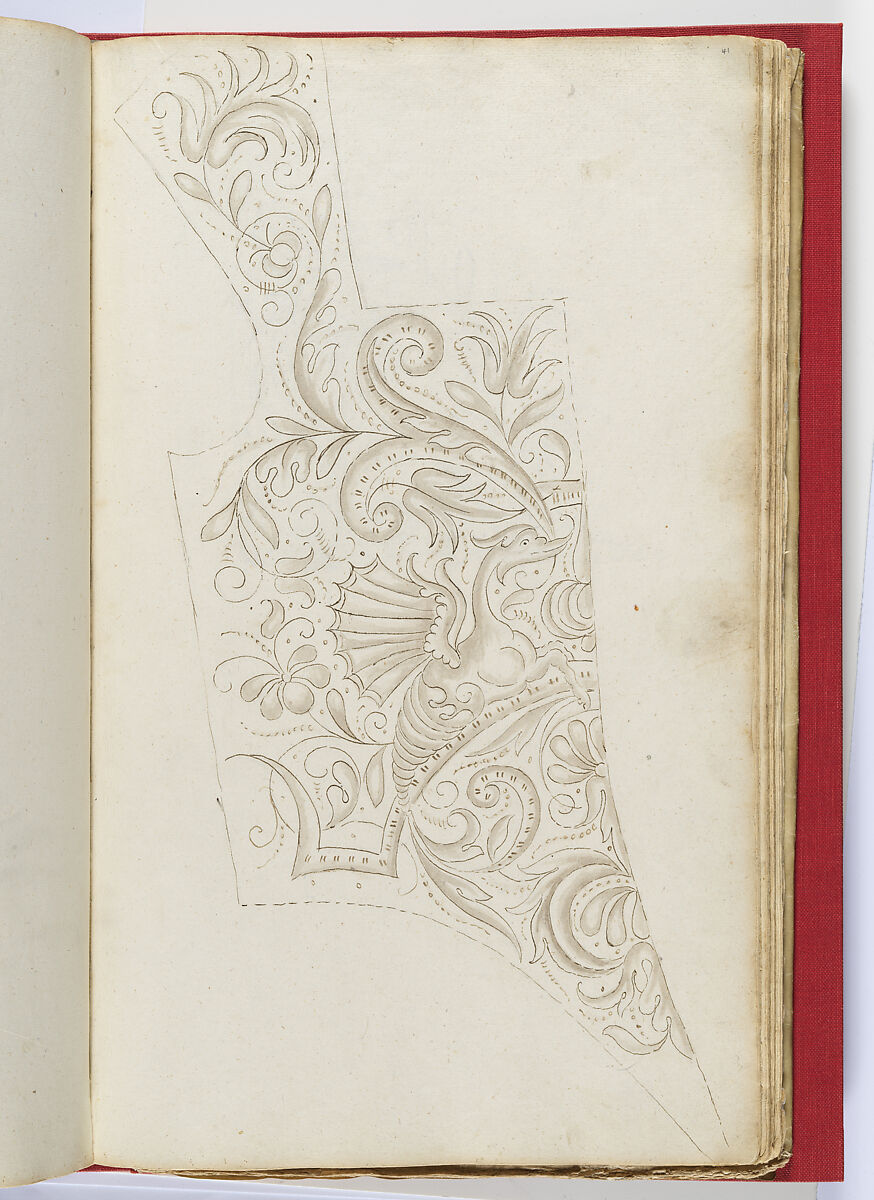 Album of designs for embroidery: bodices, gauntlets, caps, bags, page 41 (recto), Anonymous, Dutch, 17th century, pen and ink; some with wash