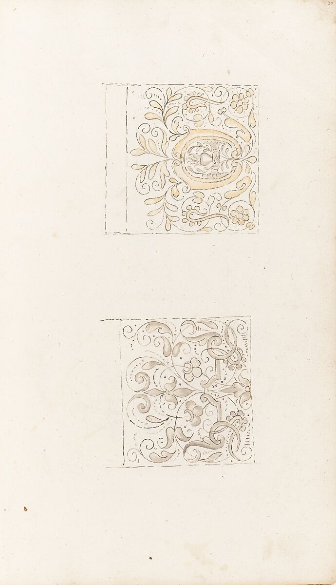 Album of designs for embroidery: bodices, gauntlets, caps, bags, page 62 (recto), Anonymous, Dutch, 17th century, pen and ink; some with wash