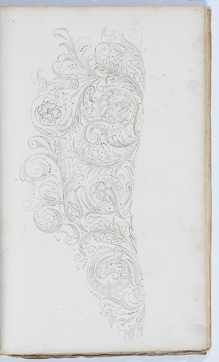 Album of designs for embroidery: bodices, gauntlets, caps, bags, page 65 (recto), Anonymous, Dutch, 17th century, pen and ink; some with wash