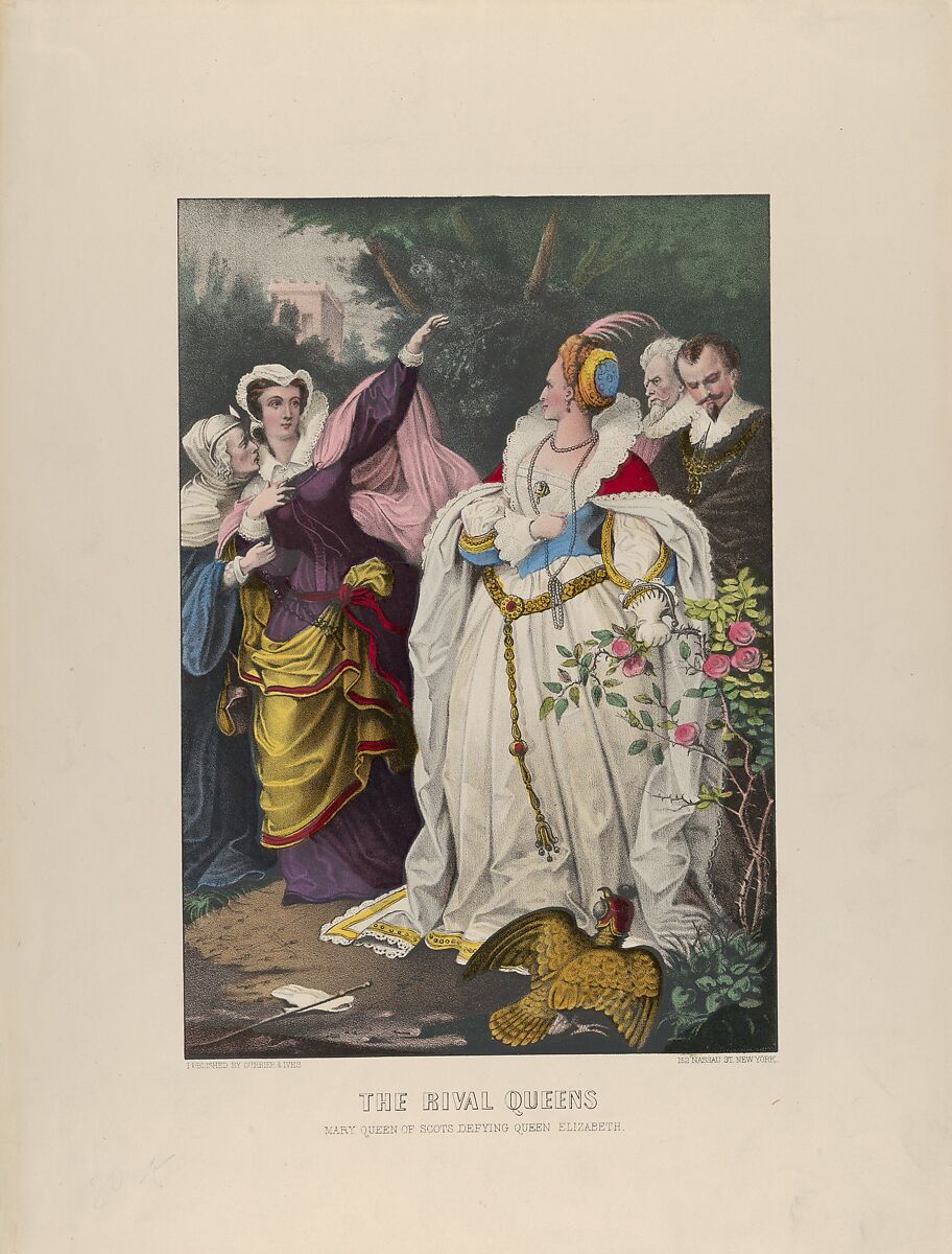 The Rival Queens – Mary Queen of Scots Defying Queen Elizabeth, Currier &amp; Ives (American, active New York, 1857–1907), Hand-colored lithograph 