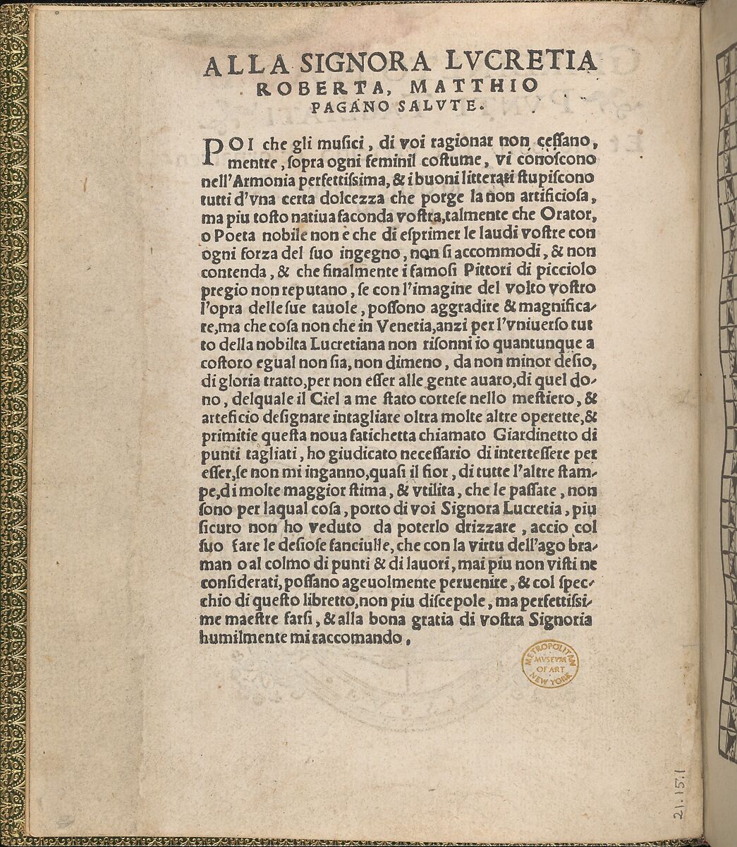 Giardineto novo di punti tagliati et gropposi per exercitio & ornamento delle donne (Venice 1554), title page (verso), Matteo Pagano (Italian, 1515–1588), Woodcut 