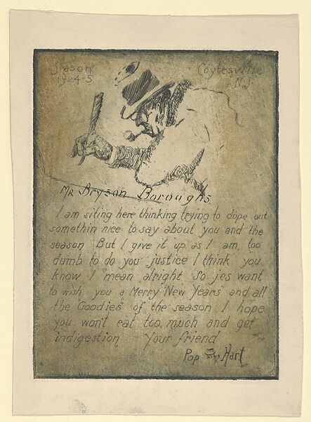 Personal Christmas Card, addressed to Mr. Bryson Boroughs [Burroughs], George Overbury "Pop" Hart (American, Cairo, Illinois 1868–1933 New York), Etching 