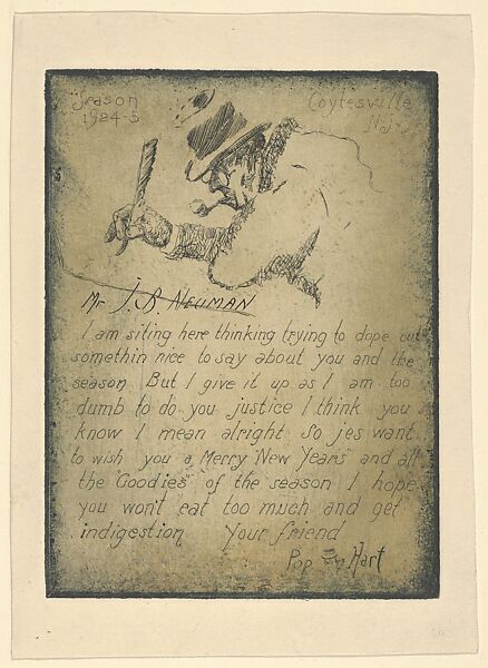 "Season's Greetings," 1924-1925, addressed to Mr. Mr. J.B. Neuman, George Overbury "Pop" Hart (American, Cairo, Illinois 1868–1933 New York), Etching 