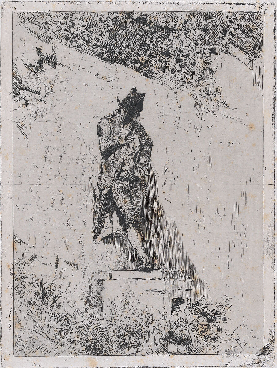 Meditation: a man standing on a step by a wall, Mariano Fortuny, 1838–1874 (Spanish, 1838–1874), Etching on Japan paper 