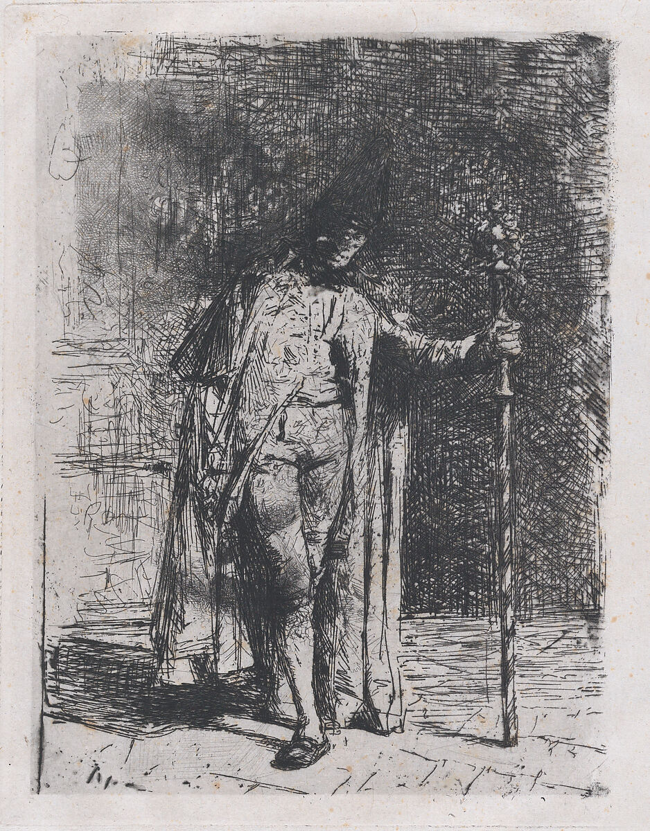 Master of ceremonies, a man standing facing the viewer holding a staff in his left hand, Mariano Fortuny, 1838–1874 (Spanish, 1838–1874), Etching on Xina paper 