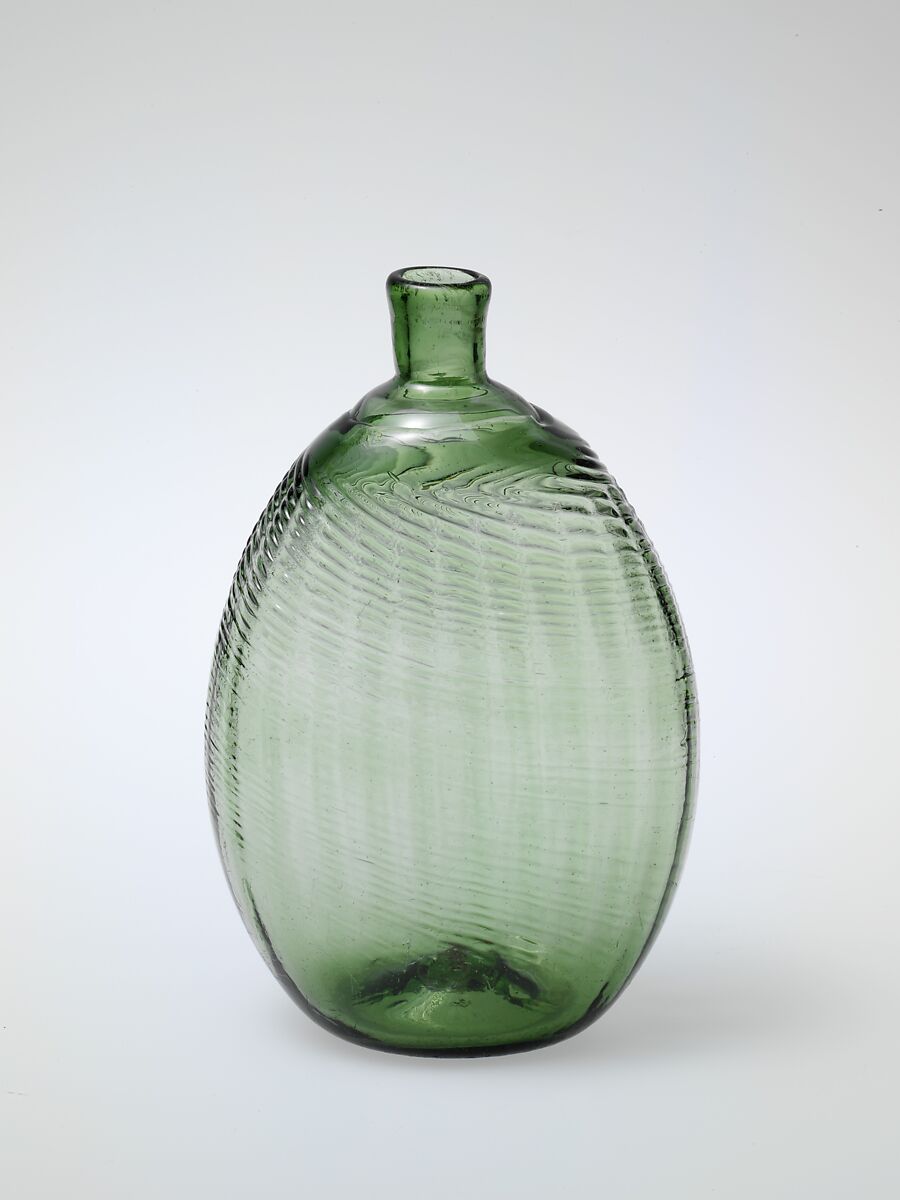 Pocket bottle, Blown pattern-molded glass, American 