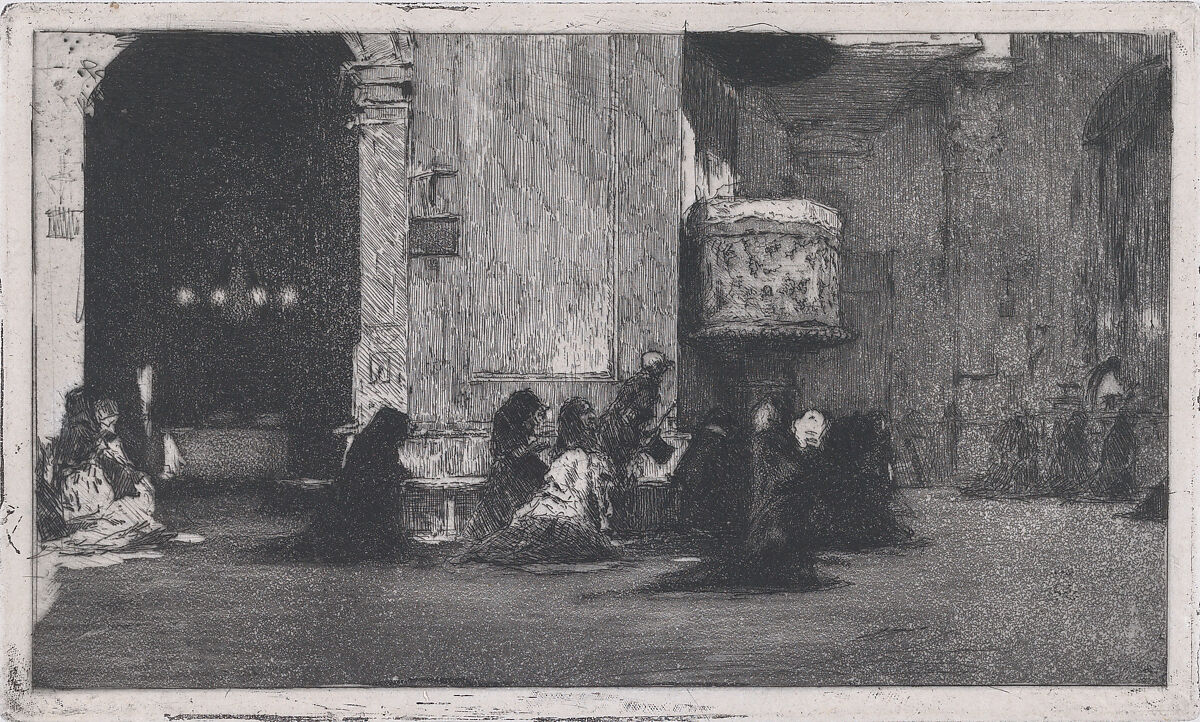Entrance to the church of St Joseph (San José), Madrid, figures seated on the ground in front, Mariano Fortuny, 1838–1874 (Spanish, 1838–1874), Etching and aquatint on Japan paper 