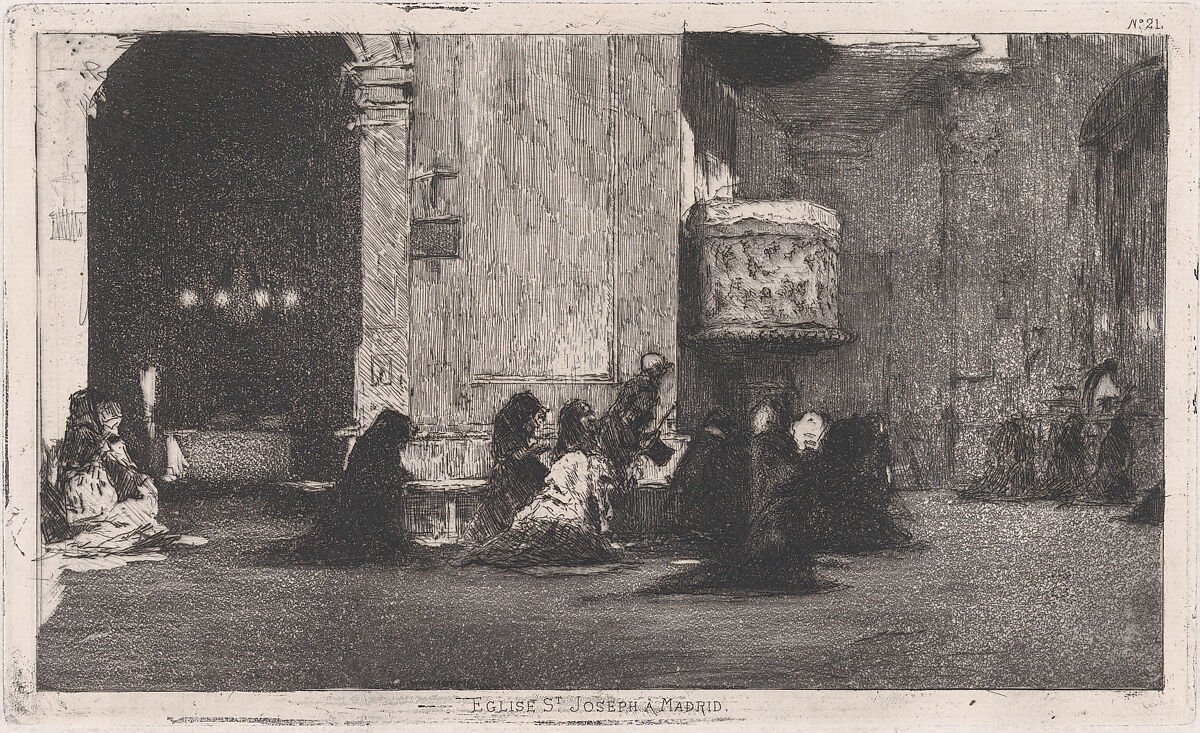 Entrance to the church of St Joseph (San José), Madrid, figures seated on the ground in front, Mariano Fortuny, 1838–1874 (Spanish, 1838–1874), Etching and aquatint 