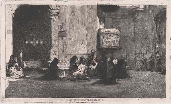 Entrance to the church of St Joseph (San José), Madrid, figures seated on the ground in front