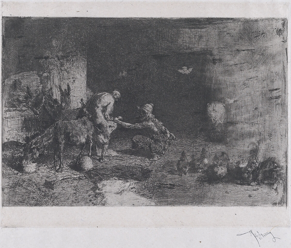 A Morrocan farrier at left accompanied by another figure attending to the hoof of a mule, Mariano Fortuny, 1838–1874 (Spanish, 1838–1874), Etching and aquatint on Japan paper 