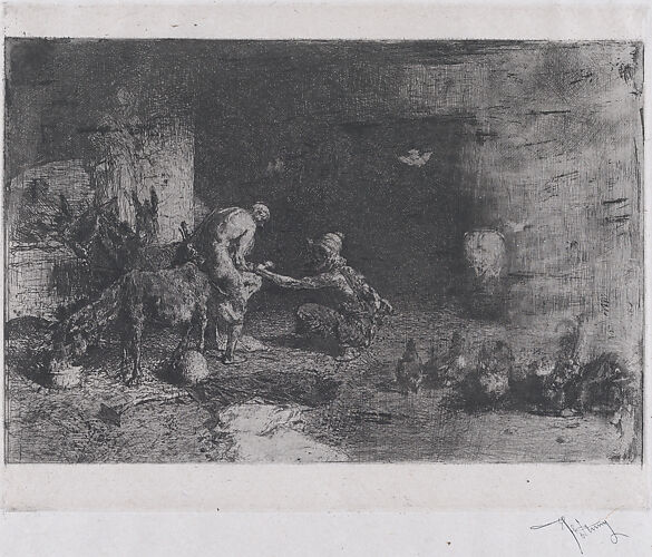 A Morrocan farrier at left accompanied by another figure attending to the hoof of a mule