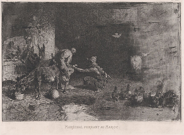 A Morrocan farrier at left accompanied by another figure attending to the hoof of a mule