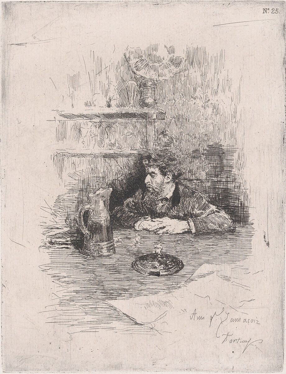 Portrait of the painter Eduardo Zamacois seated at a table, Mariano Fortuny, 1838–1874 (Spanish, 1838–1874), Etching 