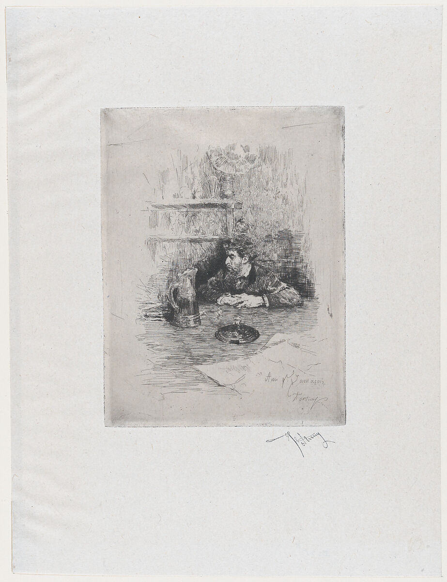 Portrait of the painter Eduardo Zamacois seated at a table, Mariano Fortuny, 1838–1874 (Spanish, 1838–1874), Etching 