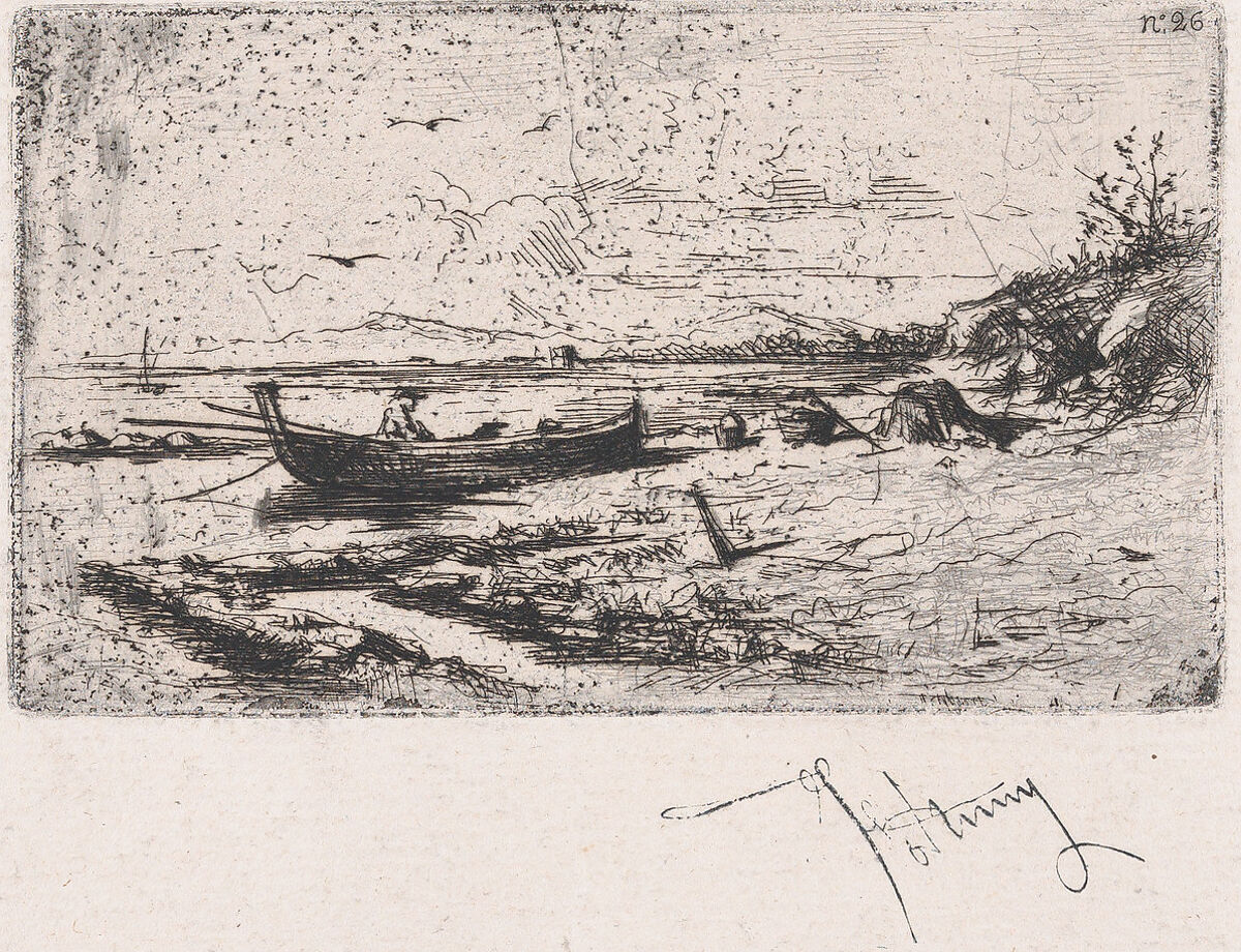 A boat near the shoreline of a beach or a river, Mariano Fortuny, 1838–1874 (Spanish, 1838–1874), Etching 