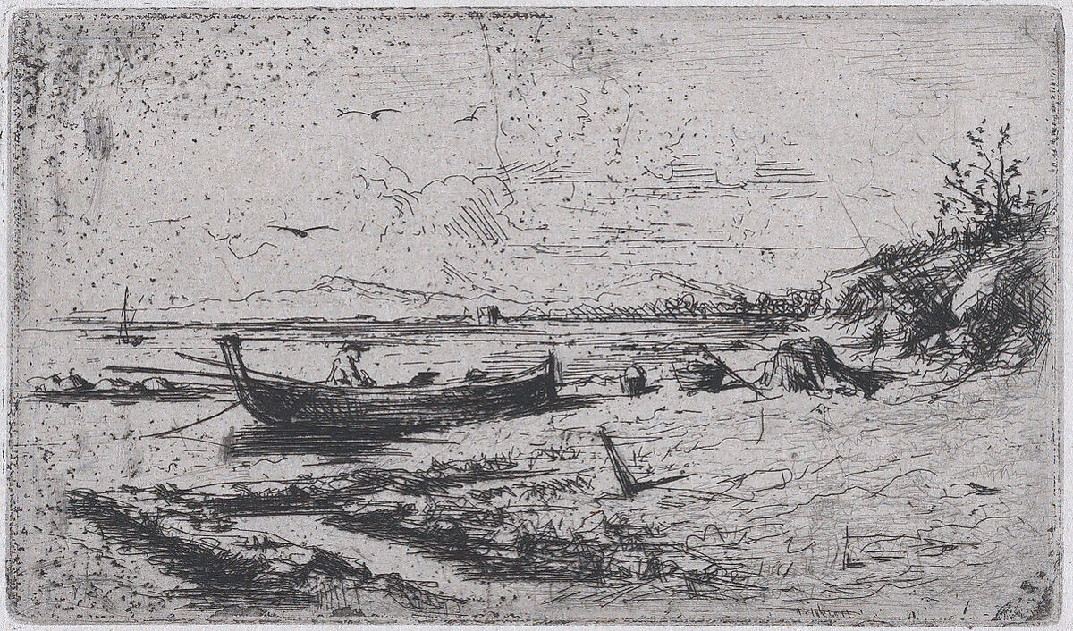 A boat near the shoreline of a beach or a river, Mariano Fortuny, 1838–1874 (Spanish, 1838–1874), Etching on Japan paper 