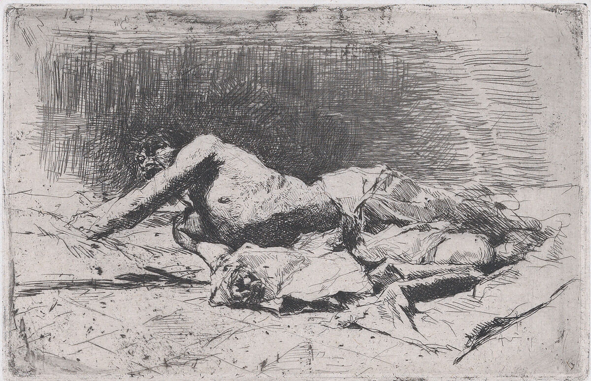 A partly naked man on the ground right arm outstretched, Mariano Fortuny, 1838–1874 (Spanish, 1838–1874), Etching on Japan paper 