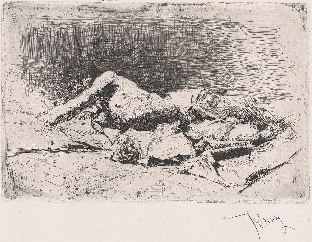 A partly naked man on the ground, right arm outstretched, Mariano Fortuny, 1838–1874 (Spanish, 1838–1874), Etching 