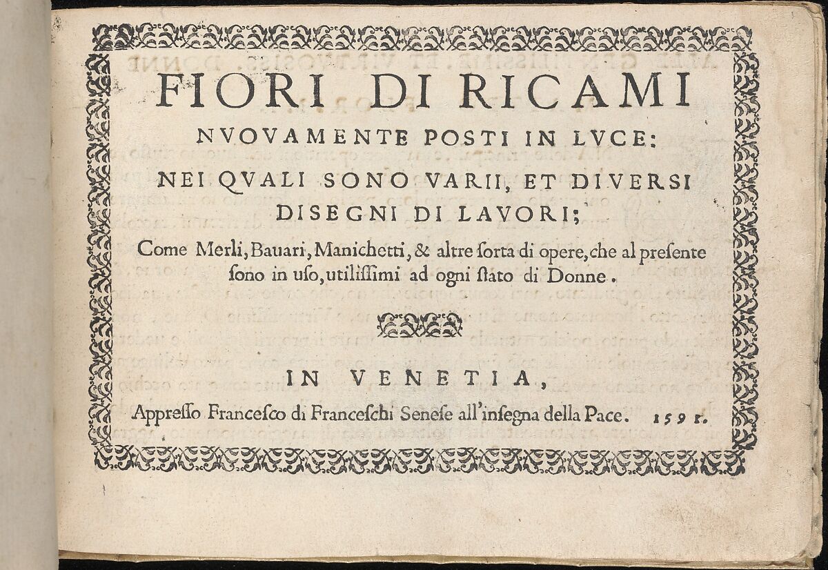 Fiori di Ricami Nuovamente Posti in Luce, title page (recto), Matteo Florimi (Italian, active Siena, ca. 1581–died 1613), Woodcut 