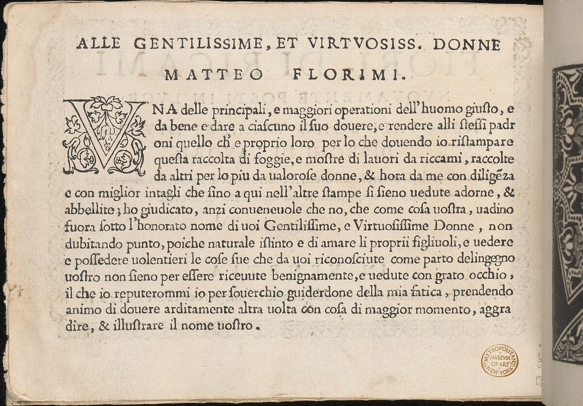 Fiori di Ricami Nuovamente Posti in Luce, title page (verso), Matteo Florimi (Italian, active Siena, ca. 1581–died 1613), Woodcut 